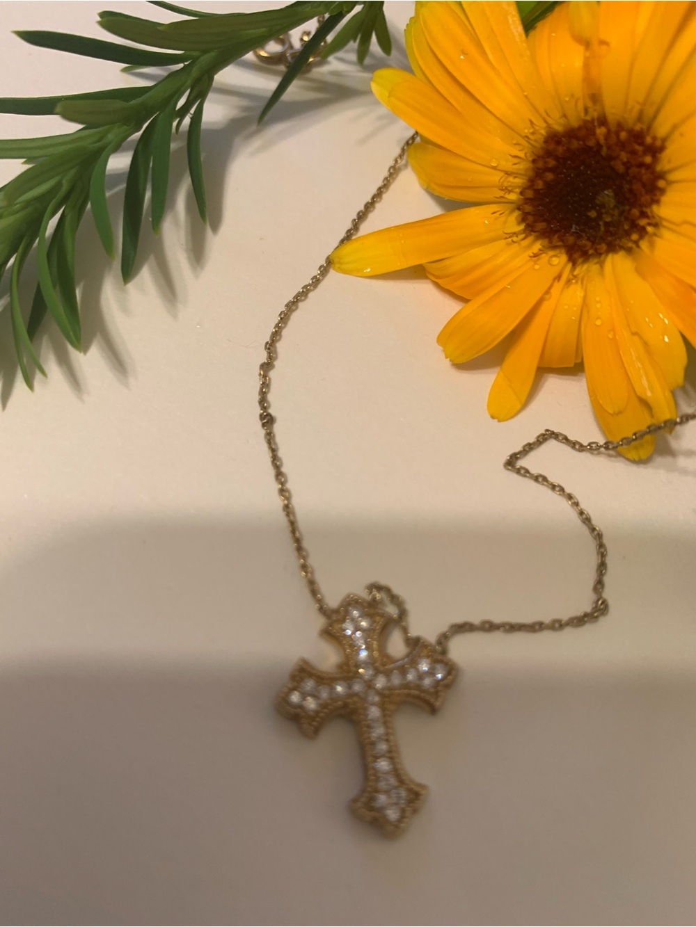 Gold Cross Pendant Necklace with Crystal Accents